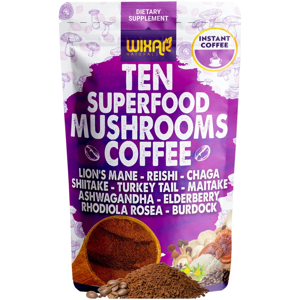 WIXAR Superfood goba kava - Instant Coffee Powder, Deset Superfood ekstrakti z levjo grivo, Turčija rep, Reishi, Chaga, Shiitake, Ashwagandha, Rhodiola Rosea, Elderberry, 5oz gob dopolnilo