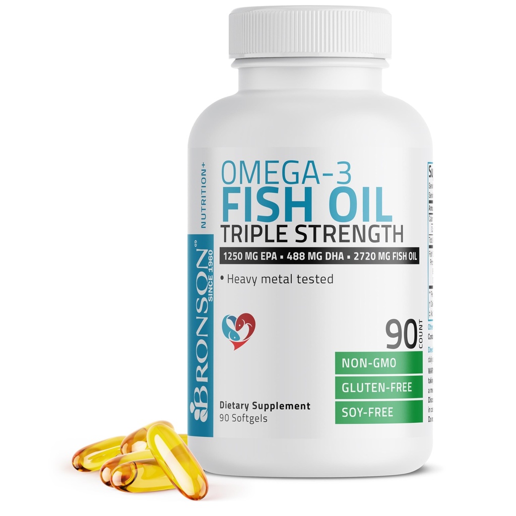 Bronson Omega 3 Ribje olje Trojna jakost 2720 mg, Visoka EPA 1250 mg DHA 488 mg, Testirana težka kovina Non-GMO, 90 Softgels