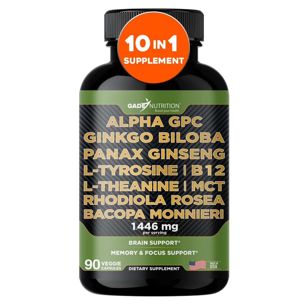 Gade Nutrition Alpha GPC + Ginkgo Biloba + Panax Ginseng + L-tirozin, L-teanin, Bocopa Monnieri, Rhodiola Rosea, B12, MCT