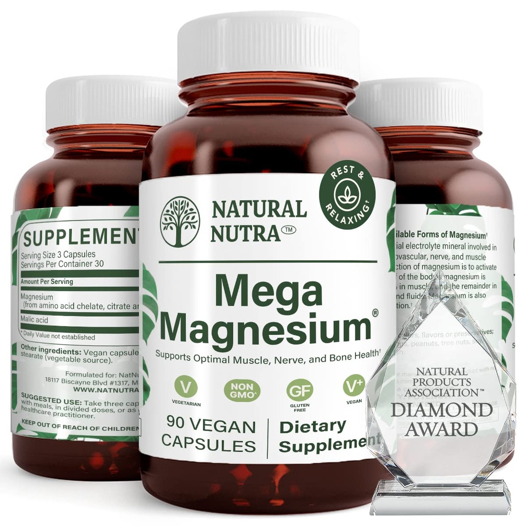 Naravni Nutra Mega Magnezij 400mg dodatek - visoka absorpcija Aminokislinski kelat, boljše vibe, citrat, malatna mešanica za mišično rast, kostna moč, zdravje srca, Živčna podpora - 90 kapsul
