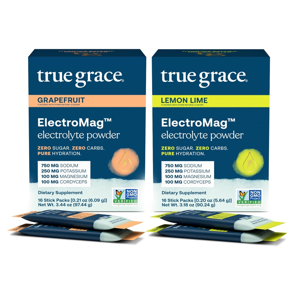 True Grace ElectroMag - Grenivke (16 packs) + Lemon Limete (16 packs) - Elektrolitni prašek za hitro hidracijo - Zero Sugar & Carb - Non-GMO - 32 skupno serviranje