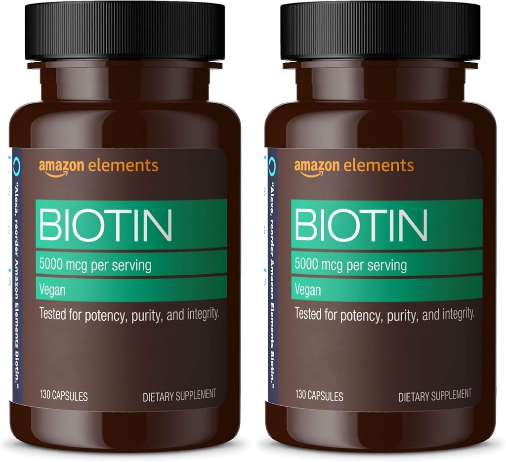 Elementi Vegan Biotin 5000 mcg - Lasje, koža, nohti, 130 kapsul (4 mesece dobave) (Packaging May Vary) (Pack z 2)