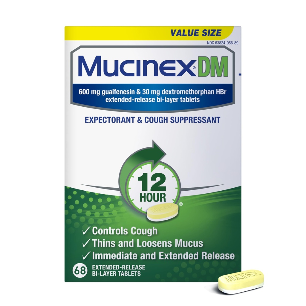 Mucinex DM 12Hr Prebava v prsnem košu in kašelj Medicina za odrasle, Hladno in kašelj Medicina za presežne sluzi Relief, 600 mg Guaifenesin & 30 mg Dextrometorfan HBr, 68 Bi-Layer tablete