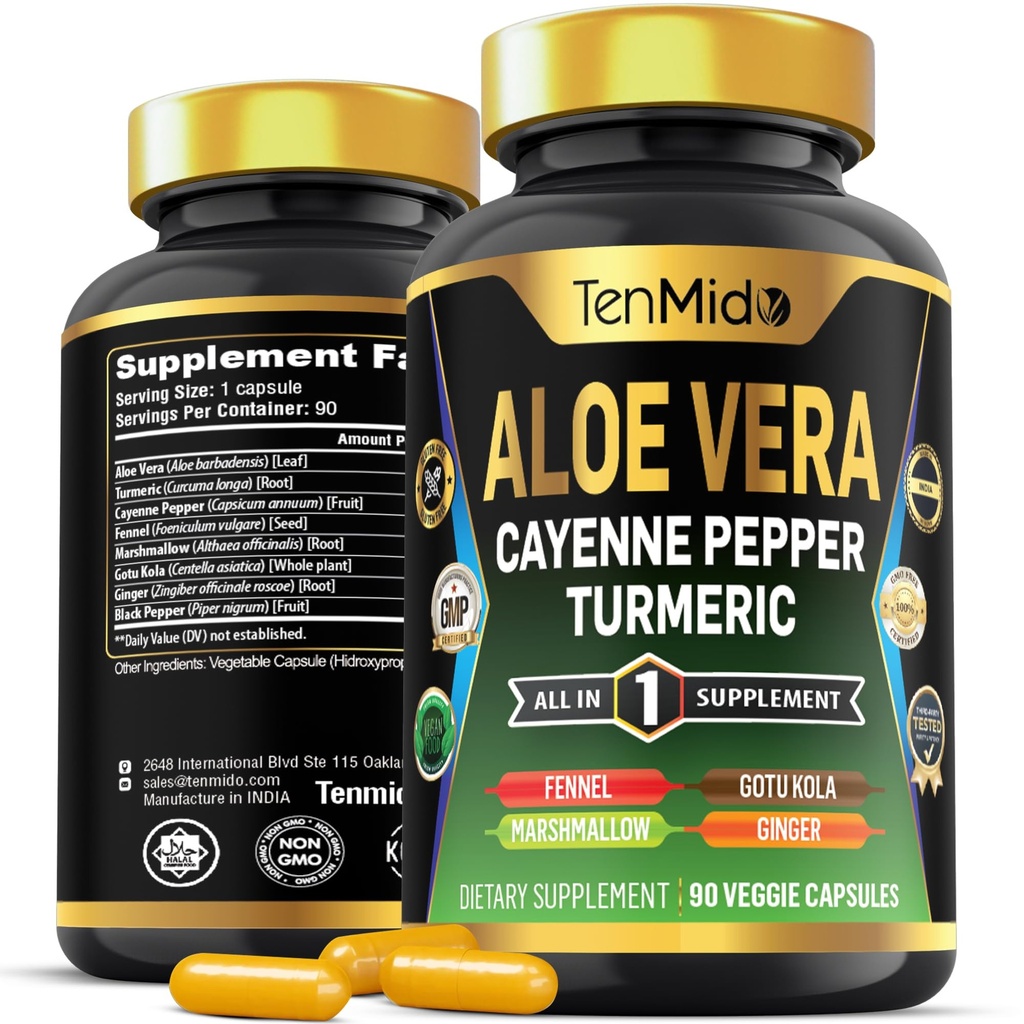 Aloe Vera kapsule dodatek - 8 v1 Formula - Združite s kurkuma, Cayenne Pepper, Marshmallow, Fennel, Gotu Kola, Ginger in Black Pepper - 90 Kapsule za 3 mesece