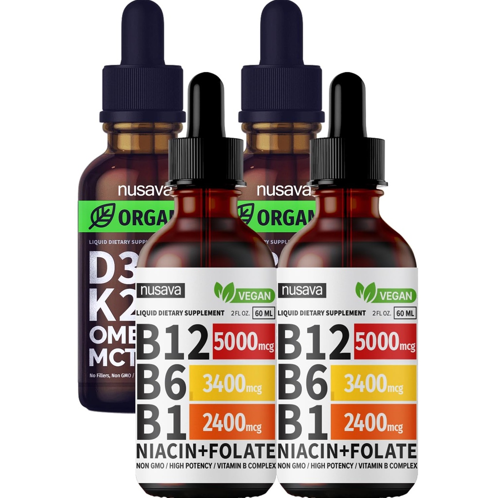 NUSAVA Vitamin B12 Tekoče kapljice in brez arome D3 K2 Bundle - Močni tekoči vitamini za srce, Joint, Energy, & Imunska podpora - Non-GMO, Gluten-free, 2pk vsak