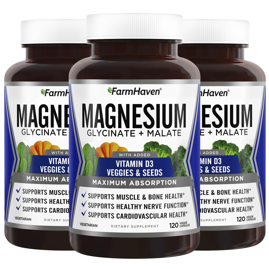 FarmHaven Magnezij Glicinat & Malate kompleks w/ vitamin D3, 100% kelirano za Max Absorpcija, Vegan – zdravje kosti, živcev, mišic, 360 kapsul, 180 dni