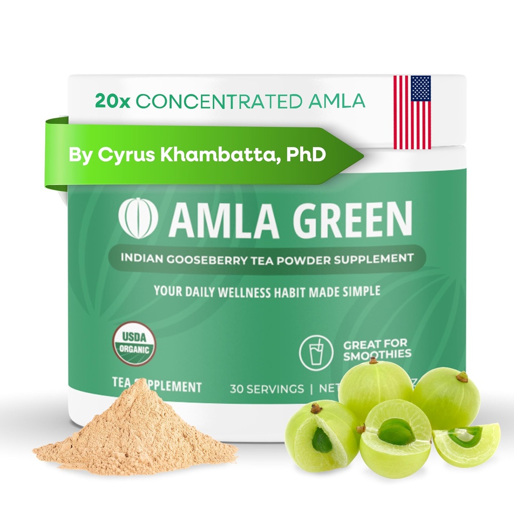 Amla Powder & Green Tea Superfood Supplement, 20x Ultra Concentrated Amla, Antioksidant Podpora, izdelan z Oolong čaj in indijskih kosmulj, Organic, Vegan, Classic Flavor, 30 Servings