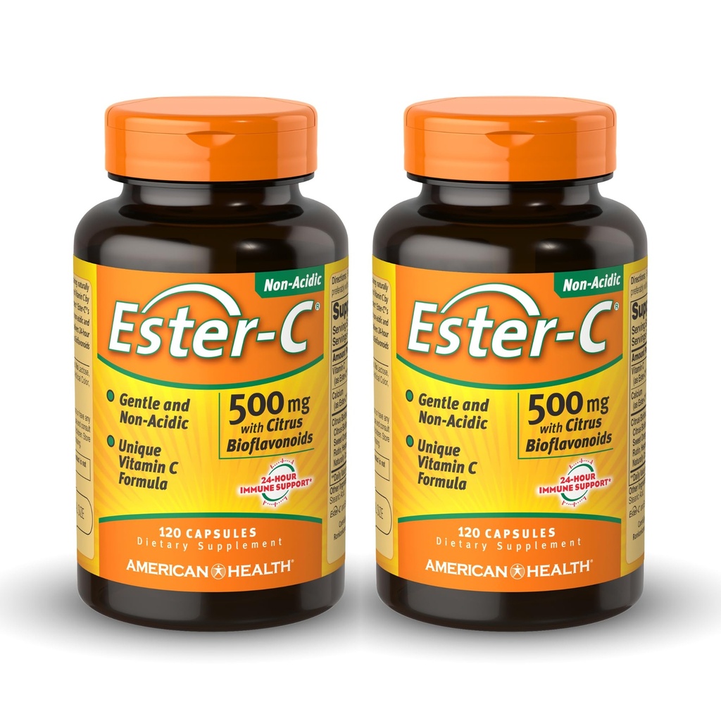 American Health Ester-C 500 mg z zdravilom Citrus Bioflavonoidi - 120 kapsul (paket po 2) - 24-urna imunska podpora - brez glutena - 120 skupnih servacij