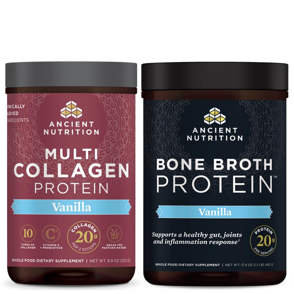Ancient Nutrition Multi Colagen Protein Powder, Vanilla, 24 Servings + Kostni Broth Protein Powder, Vanilla, 20 Serving