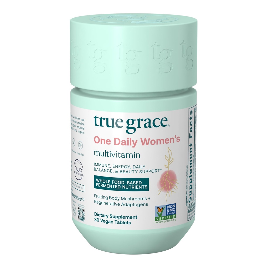 True Grace One Daily Women's multivitaminski fermentirani minerali, Organic Adaptogens & Gobe Celotno ravnovesje telesa, Imunska, Energy, Lepotna podpora - Ne-GMO, Gluten Free, Soy Free - 30 Veganske tablete