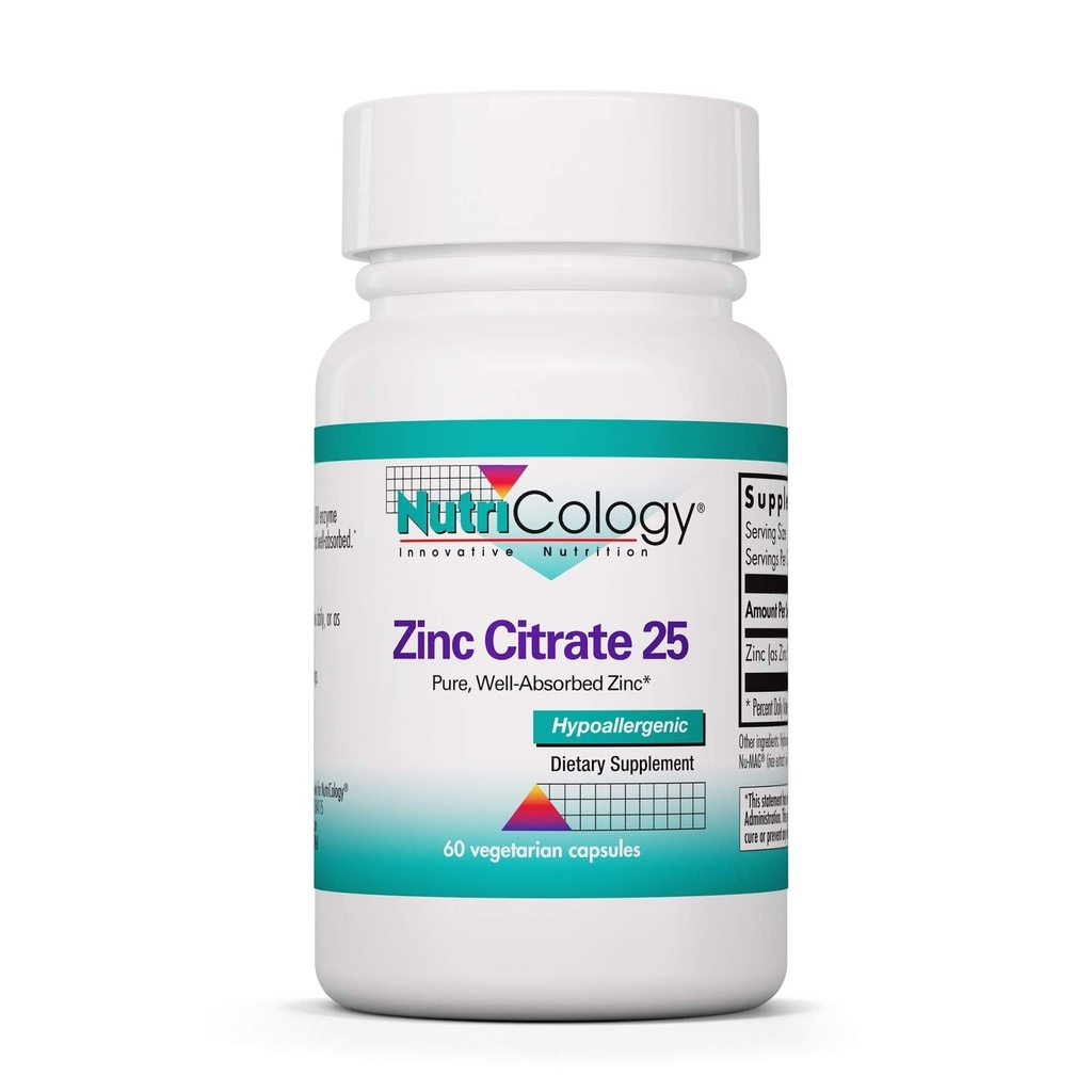 NutriCology Zinc Citrate 25 mg Immune, 60 Capsules | Delivers 25 mg Well-Absorbed Zinc Citrate for Immune Response, Brain Health and Cellular Function Support