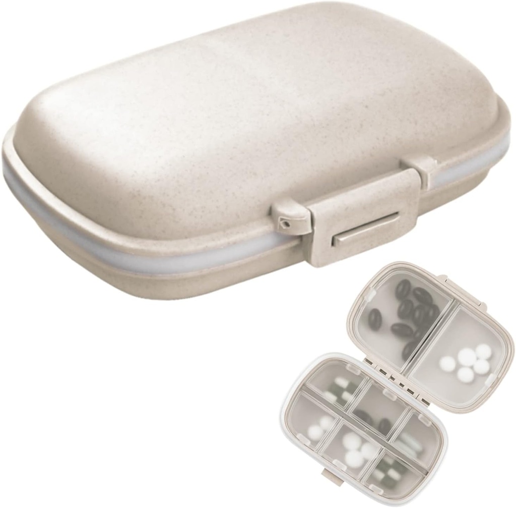 1Pack potovalne tablete Organizator, 8 Kompartmenti Prenosne tablete Primer, majhne tablete Škatla za žepno zaporno zaporno zdravilo Vitamin Container Beige