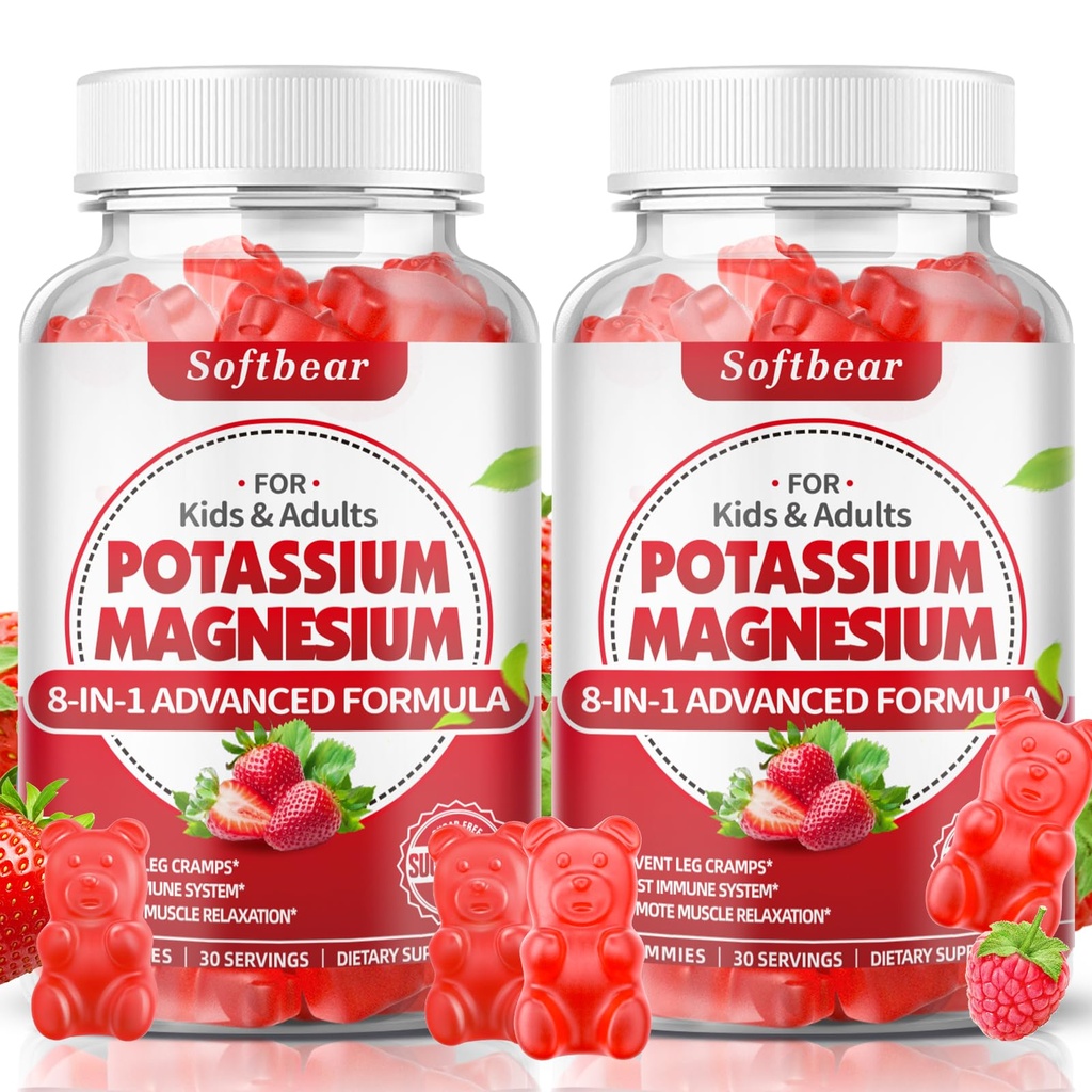 mehek medved Kalijev Gumiji za odrasle, visoka absorpcija Magnezij Kalijev dodatek z vitaminom B6 za noge Cramps & Muscle Health Sugar-free Vegan Jagoda 120 Gumies