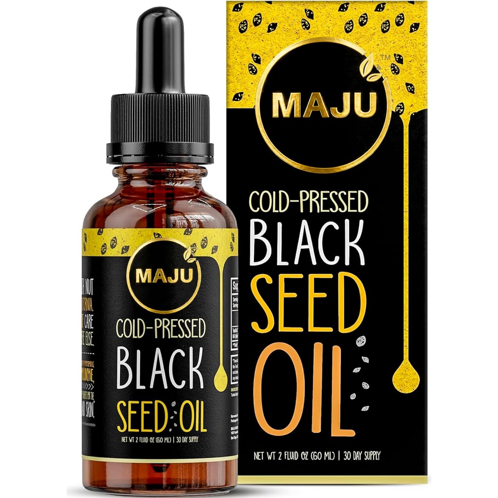 Maju Superfoods Black Seed Oil - 3 krat TQ, hladno prezentiran, velikost potovanja, 100% turško črno seme Cumin Oil, tekoče čisto črno seme, steklena steklenica, 2 Oz