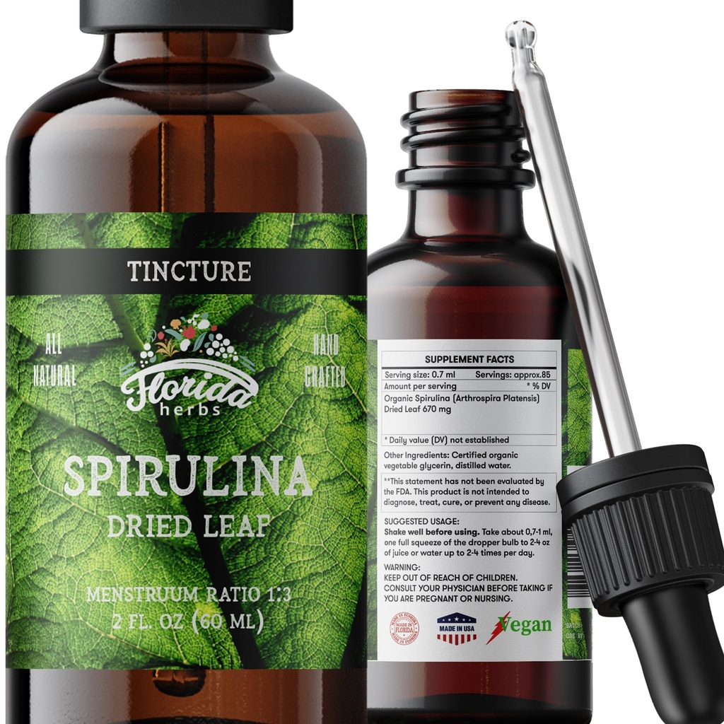 Spirulina Tincture, organski Spirulina Extract (Arthrospira Platensis) Zeliščna dopolnila, ne-GMO v hladno pripravljeni organski zelenjavni glicerin, 700 mg, 2 oz (60 ml)