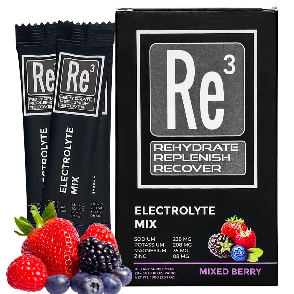 Re3 - Rehidrirani - replenizirani - Recover Electrolyte Powder Packets. Brez sladkorja, 7 Cal, 1,4 Carb. Najboljša mešanica vitaminov in mineralov (mešana jagoda)