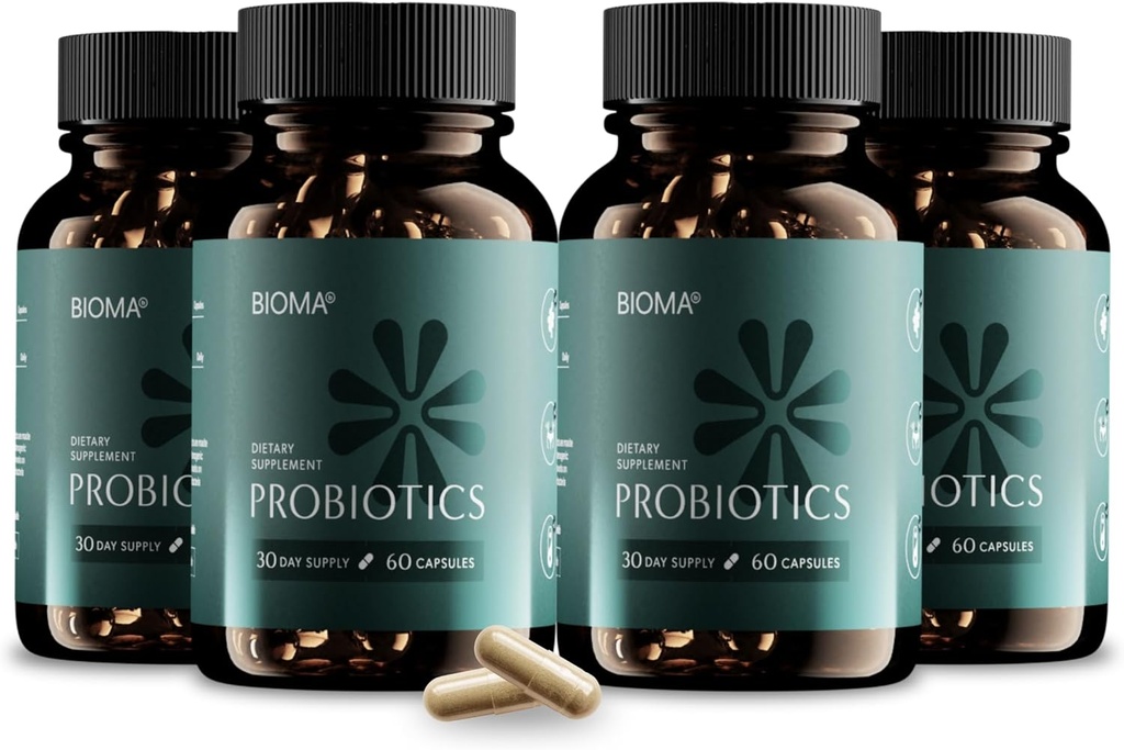 BIOMA Probiotiki za obvladovanje telesne teže in prebavno zdravje, 3 v 1 Gut Health Probiotiki in prebiotiki/Postbiotiki, počasno sproščanje Sinbiotične probiotične kapsule za Gut Health Multi Enzyme (240 Caps)