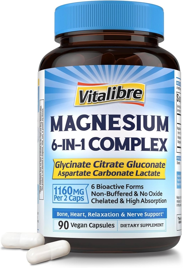Magnezij kompleks dopolnilo 6 v 1, 1160mg kelirani magnezij za Max Absorpcija, pomoč pri boljšem spanju, sprostitev in živec mirno, 90 Veganske kapsule, Non GSO & Gluten brez