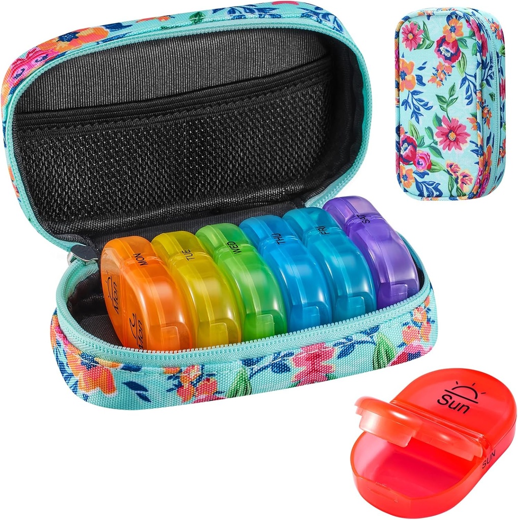 Serfeymi Tedenska potovalna tabletka Organizator 2 krat na dan AM PM Nadgrajene Mavrične tablete Box 7 dan s prenosljivim Zipper Canvas primera, Medicine Organizator za tablete, Vitamini, Ribja olja - Zelena 01