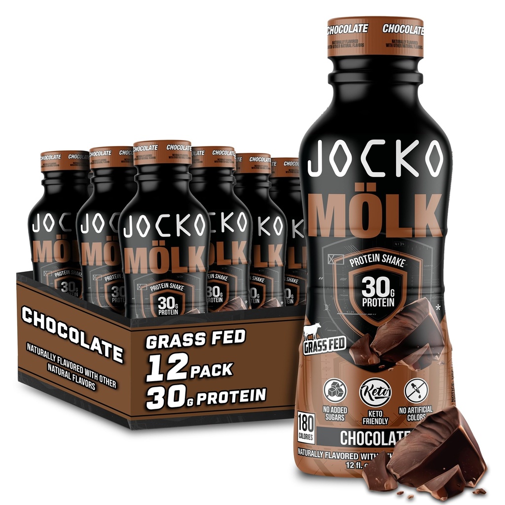 Jocko Mölk 30g Grass Fed Protein Shake – brez dodanih sladkornih beljakovin pijače KETO prijazno - Pripravljen za pitje 12 FL Oz (Pack of 12) Čokolada