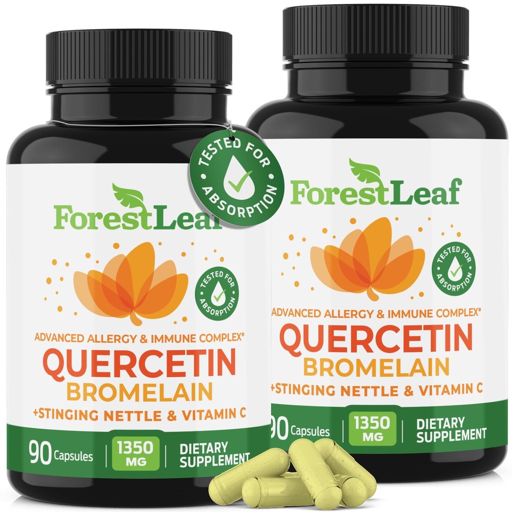 ForestLeaf Quercetin z bromelainom - 1350mg Mešanica z vitaminom C & Stinging Nettle, Advanced Quercetin 500mg dodatek, brez glutena, naravno delovanje imunskega sistema in dihal 180 Veggie kapsule