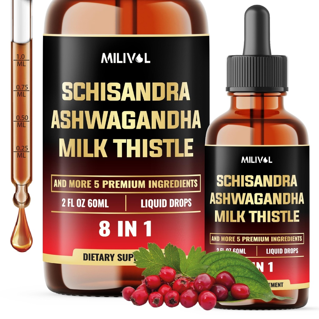 8in1 Schisandra Berry kapljice z mlekom osat, Ashwagandha, Rhodiola Rosea, Sveti Bazilij, Artichoke, Dandelion Root & Kurkumin - 2 Fl Oz za 2 meseca dobave