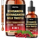 8in1 Schisandra Berry kapljice z mlekom osat, Ashwagandha, Rhodiola Rosea, Sveti Bazilij, Artichoke, Dandelion Root & Kurkumin - 2 Fl Oz za 2 meseca dobave