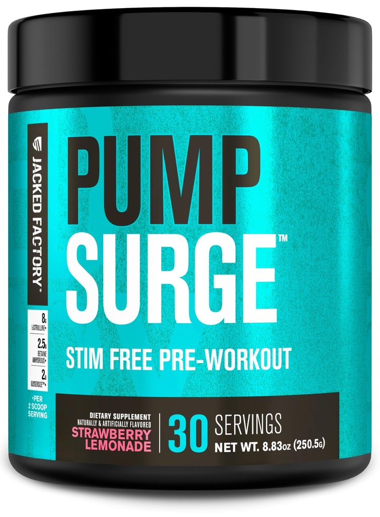 Jacked Factory Pumpsurge Kofein Brezplačno Pred vadbo za moške in ženske - Nootropic Booster & Stim Free Pre Workout - Intenzivno črpalke, okrepljeno fokus - 30 Serving, Jagodna limonada