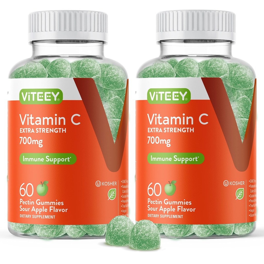 Viteey žvečljivi vitamin C Gumiji za odrasle - 700mg ekstra moč imunske podpore - Vegan, Gluten brezplačno - 120 Count
