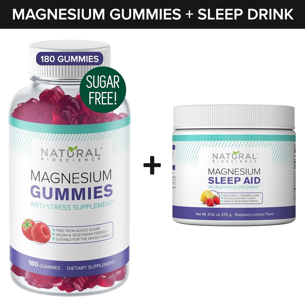 Magnezijevi gumiji brez sladkorja (180 gumijev) in magnezijev nočni prašek z magnezijevim citratom, melatoninom, L-teaninom in GABA - Veganom, brez želatine, brez glutena, ne-GMO