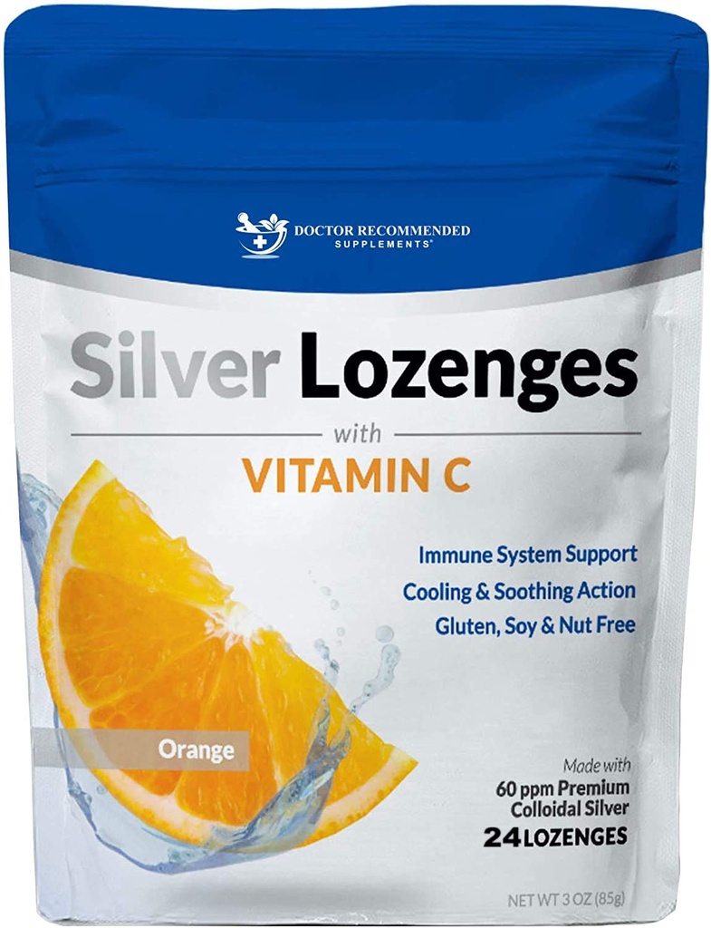 Silver Lozenges z vitaminom C - Premium Nano Silver 60 PPM koloidni srebro, organski med in vitamin C mineralni dodatki kapljice za podporo imunskega sistema, Soothe kašelj in grlo - 24 Orange Lozenges