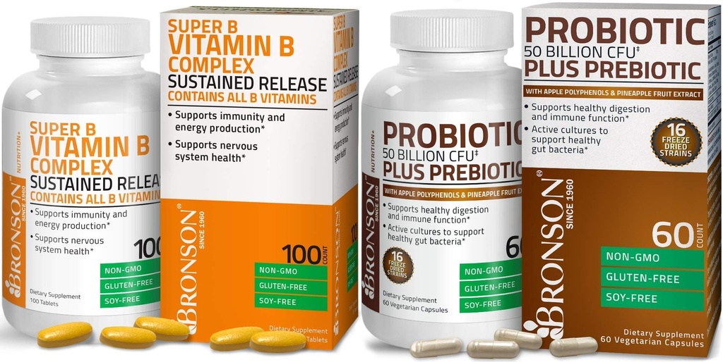 Bronson probiotik 50 milijard CFU + prebiotik z izvlečkom jabolčnega polifenola in ananasovega sadja + vitamin B kompleks trajen izpust