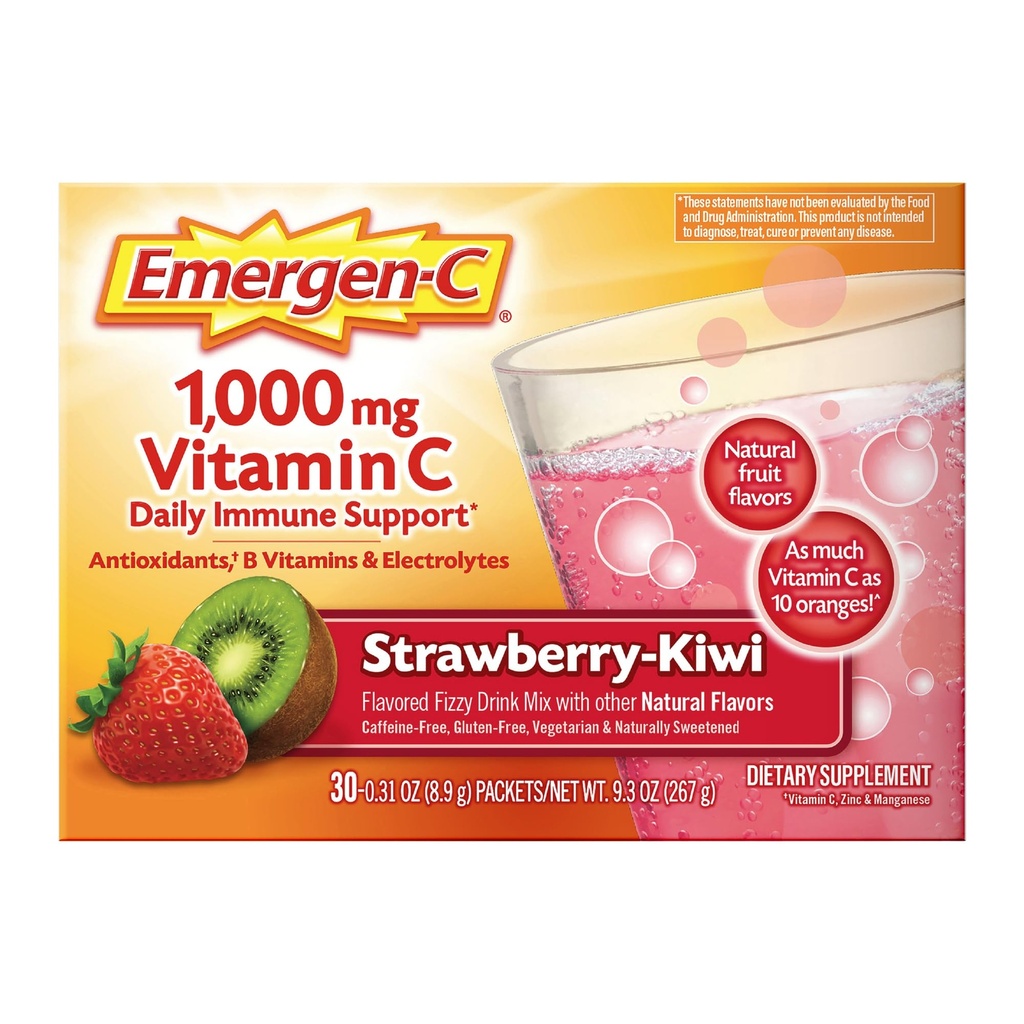 Emergen-C 1000mg Vitamin C Imunska podpora v prahu Jagoda Kiwi 30CT vključuje cink, mangan, 7 B Vitamini in elektroliti za Nazaj v šolske esenciali