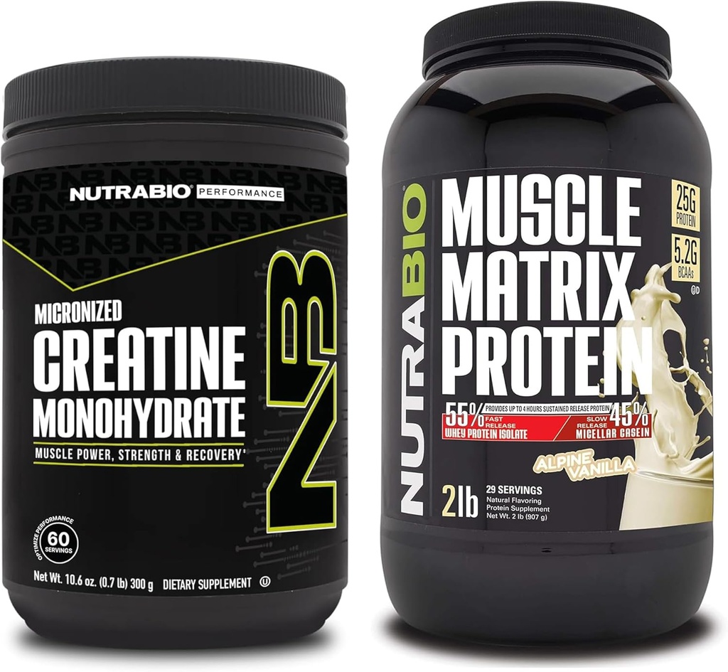 NutraBio Kreatin Monohidrat, nearomaden, (300 g) in Muscle Matrix Protein Powder, (Vanilla) Dopolnilo – mišična energija, največja rast, okrevanje, in moč