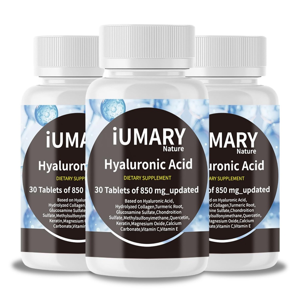 Hialuronska kislina dopolnila, 850mg Visoka biološka uporabnost Prehranska hialuronska kislina - Napredna skupna podpora s hidroliziranim kolagen, kurkuma, glukozamin, MSM, Vitamin C – 30 Tablete(Pack of 3)