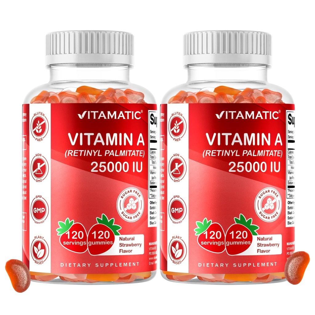 Vitamatski vitamin brez sladkorja A 25000 i.e. (Retinil Palmitate) - naravna jagodna aroma - 120 na pektinu osnovani gumiji (2 steklenici)