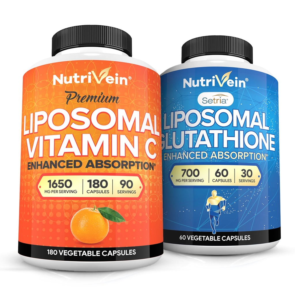 Nutrivein Premium liposomski vitamin C 1650mg & liposomski glutationski ovoj - visoka absorpcija Askorbinska kislina Plus Master Antioksidant in čiščenje jeter - ne-GMO, Vegan/Vegetarian - 180 + 60 kapsul