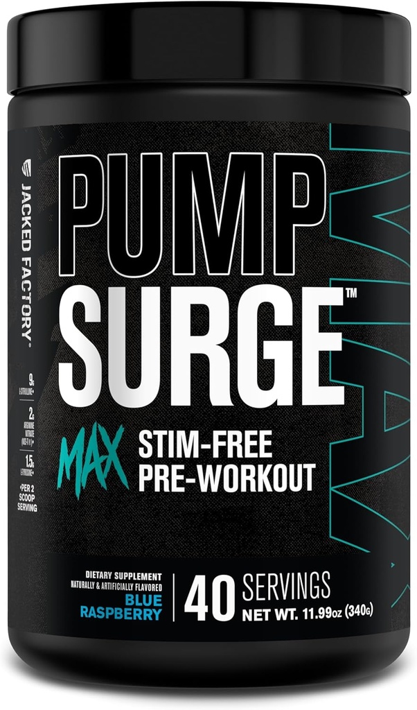 Jacked Factory Pumpsurge Max Stim Free Pre Workout - Visokoperformance kofeina brezplačno Pre Workout z L-citrulin, N03-T Arginin nitrat & glutatione - 40 Serving, Modra malina