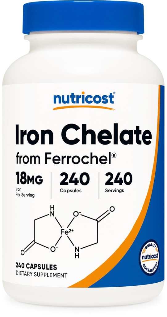 Nutricost kelirano železo (iz ferochela) 18mg, 240 Kapsule - Gluten brez GSO železovega kelata dodatek