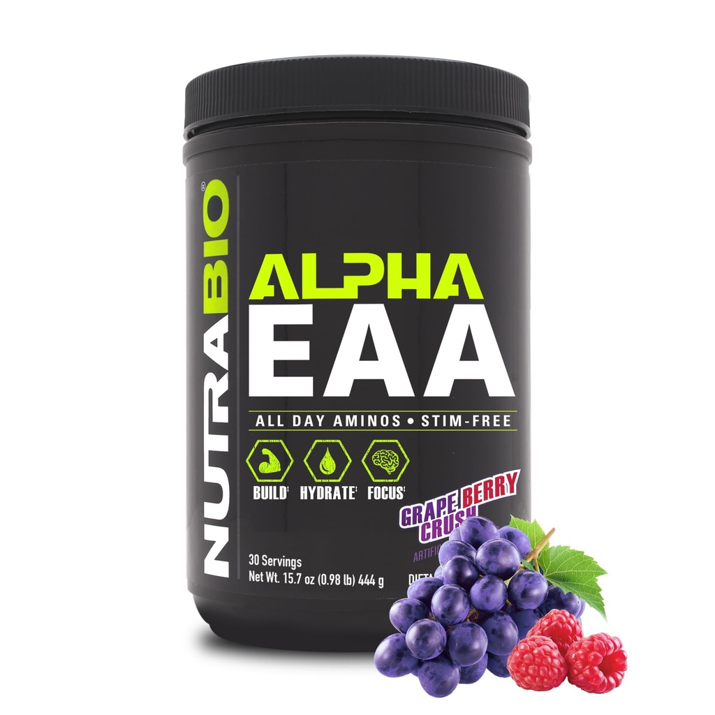 NutraBio Alpha EAA - All-Day Aminokisline za mišično rast in hidracijo - Esencialne aminokisline z nootropiki & adaptogeni- Celoten spekter EAA BCAA Powder - 30 Serving - Grozdni jagodni zdrob