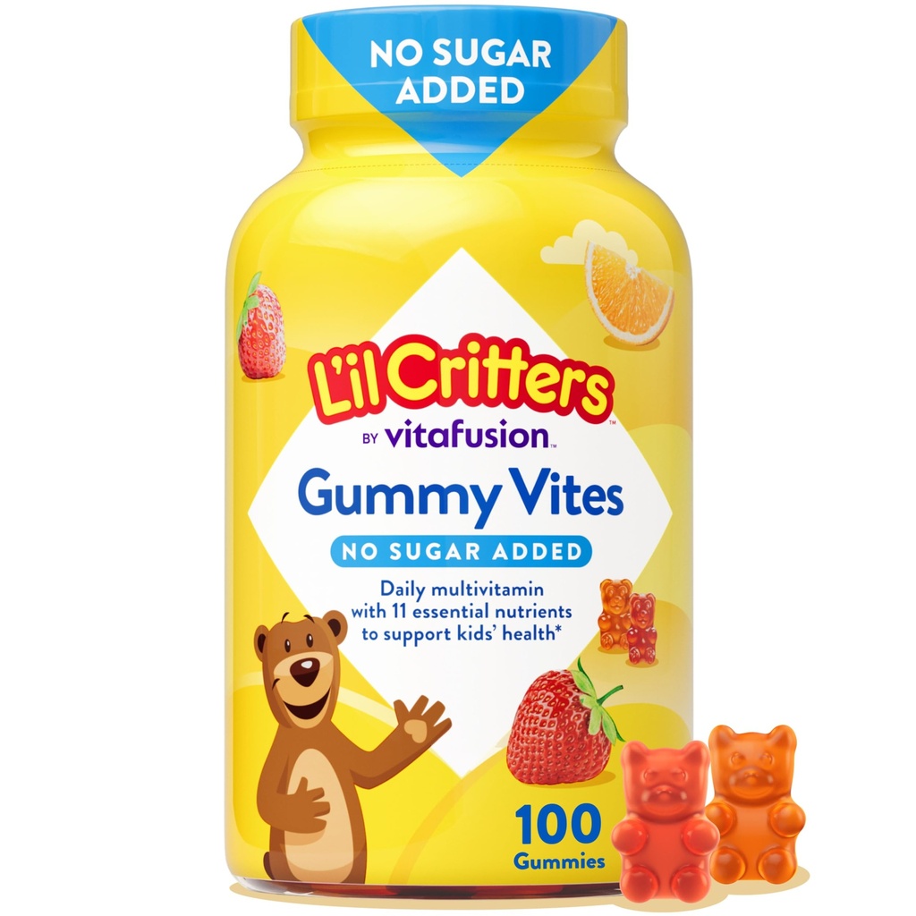 L’il Critters Gummy Vites No Sugar Dodano dnevno Gummy Multivitamin za starost 2+ malčki in otroci, Vitamin C, D3 za imuno, jagode in pomarančne arome, 100 Gummies