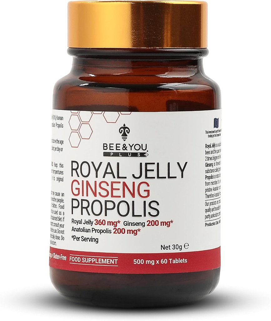 Bee in You Royal Jelly z Ginseng tablete, Propolis Extract, 60ct, 100% naravna Superfood, Ultra Pure, Imunska podpora dodatek, Antioksidanti, Keto, Paleo, Gluten-free