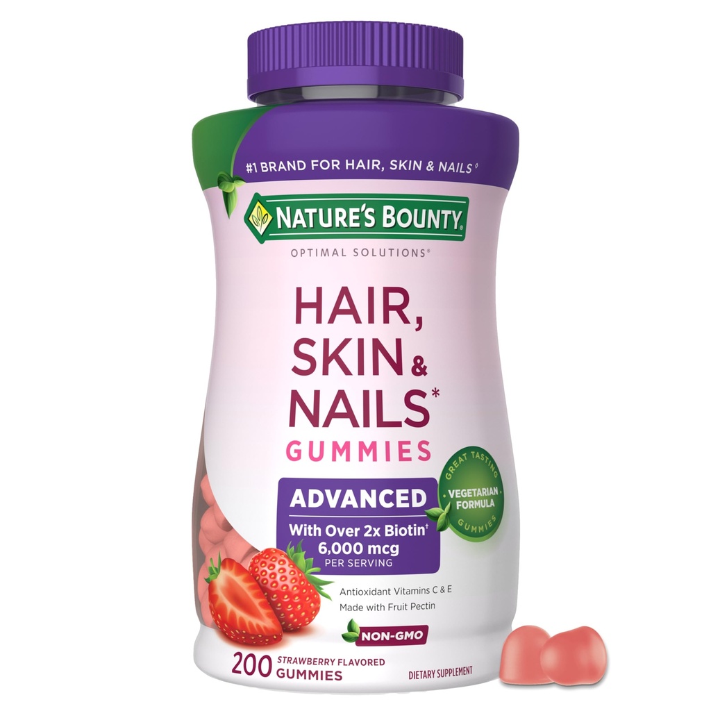 Narava Bounty Optimalne rešitve Napredni lasje, kože in nohti Pektin Gummies, 2x Biotin na strežbo, No Stick Gummy, Vegetarian Formula, Jagodna aroma, 200 ct, 100 Skupno služijo