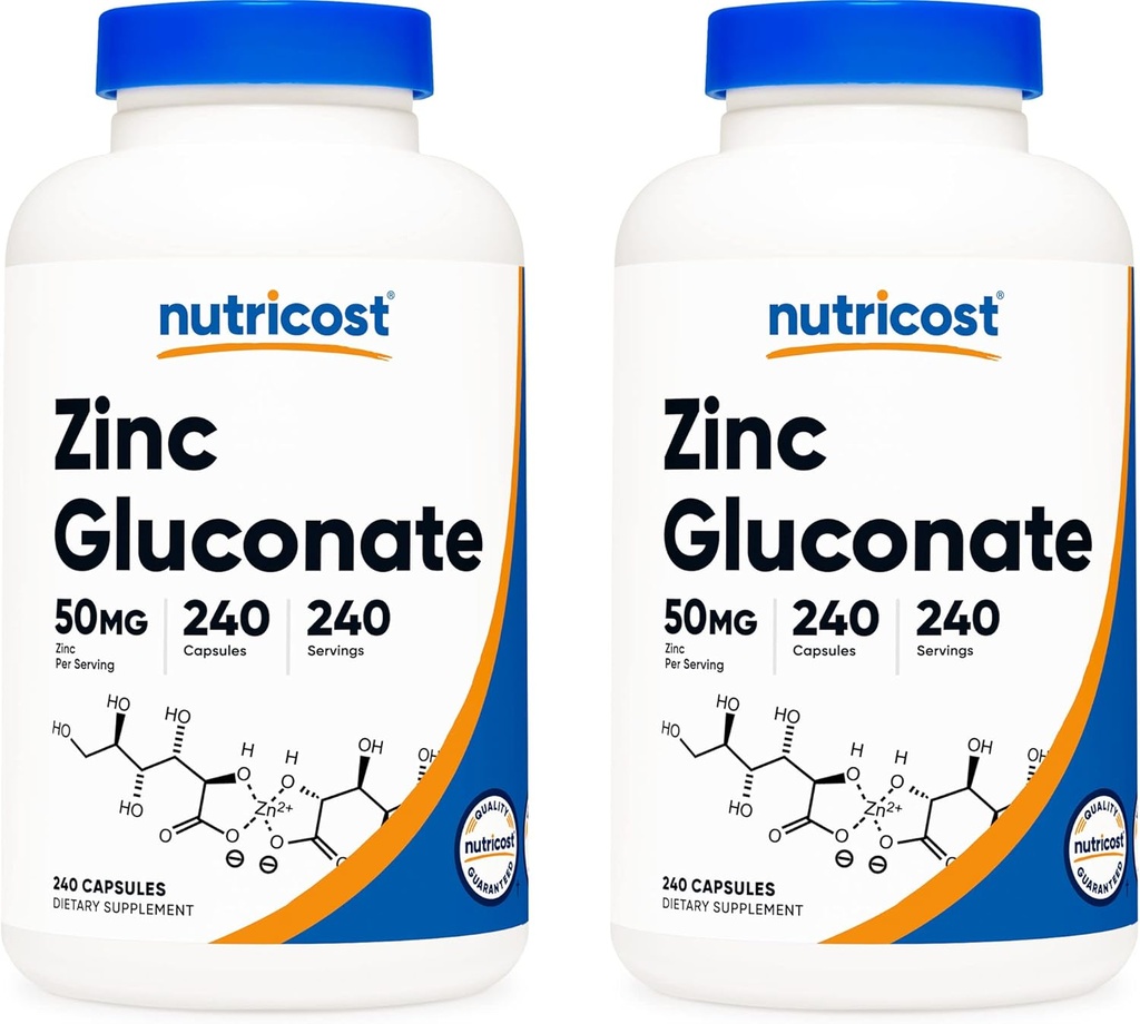 Nutricost cinkov glukonat 240 Veggie kapsule (50 mg) (2 steklenici) - brez glutena in brez glutena