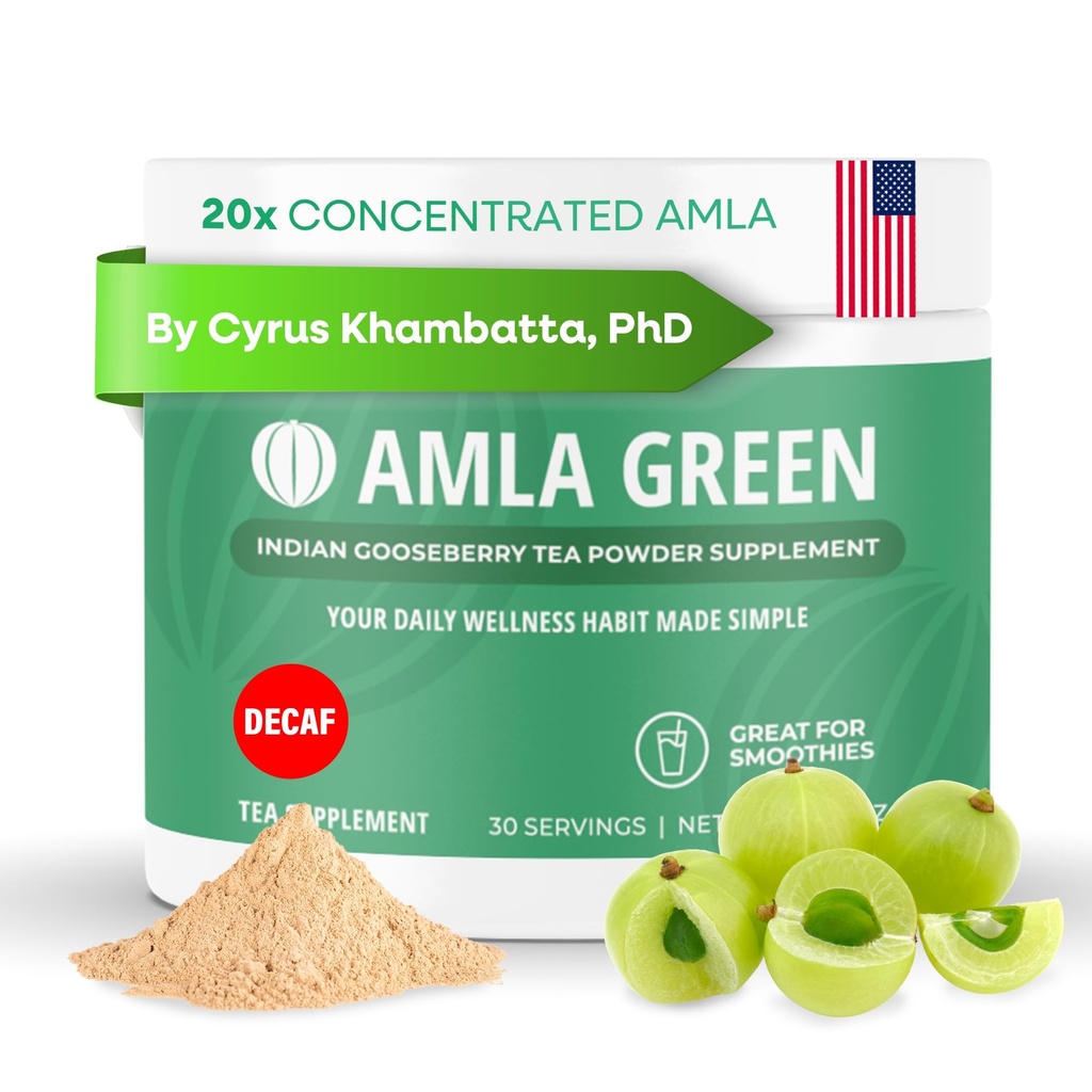 Amla Powder & Decaf Green Tea Superfood Supplement, 20x Ultra Concentrated Amla, Antioksidant Podpora, Narejena z Oolong čaj in indijske kosmulje, Organic, Vegan, Brezkofeinska, 30 Servinga