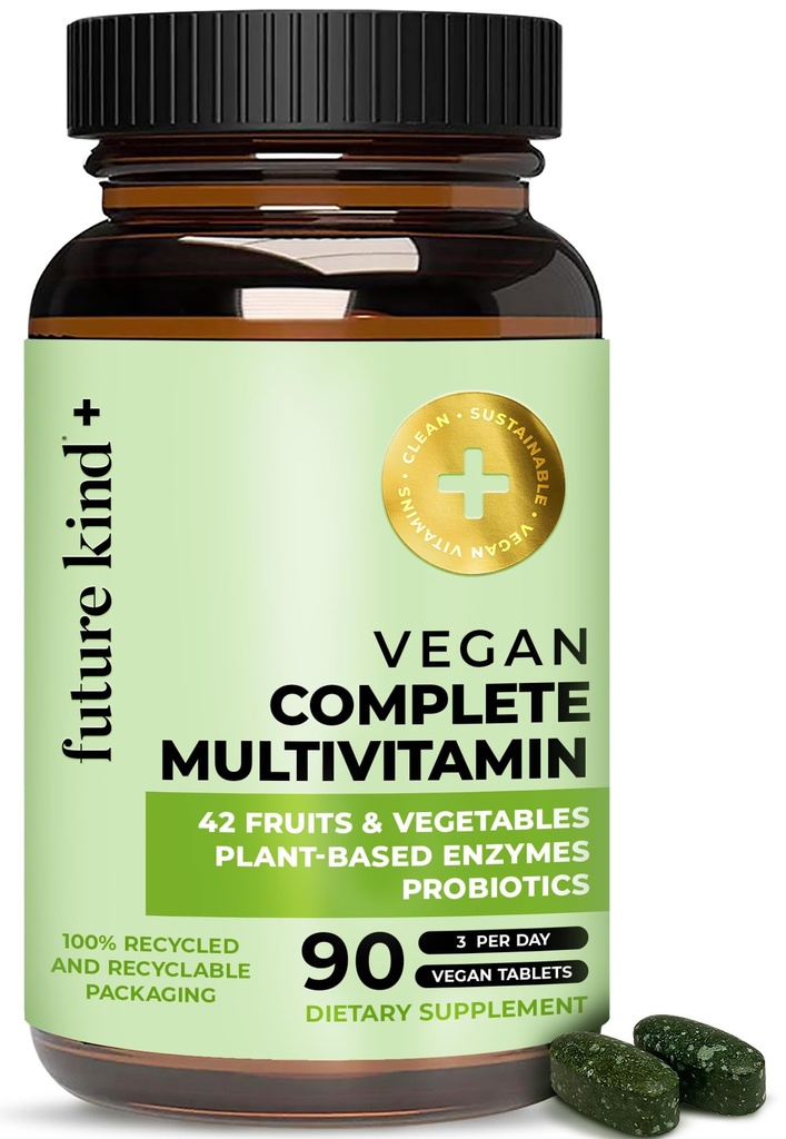 Future Kind Vegan Multivitamini Complete - 42-in-1 Veganski multivitamini za ženske in moške z encimi, B12, cink, & probiotiki za prebavljanje (90 tablet v reciklirani steklenici)