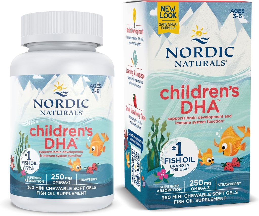 Nordic Naturals Children's DHA, Jagoda - 360 Mini žvečljivi mehki geli za otroke - 250 mg Omega-3 z EPA & DHA - Razvoj možganov in funkcija - Non-GMO - 90 Serving