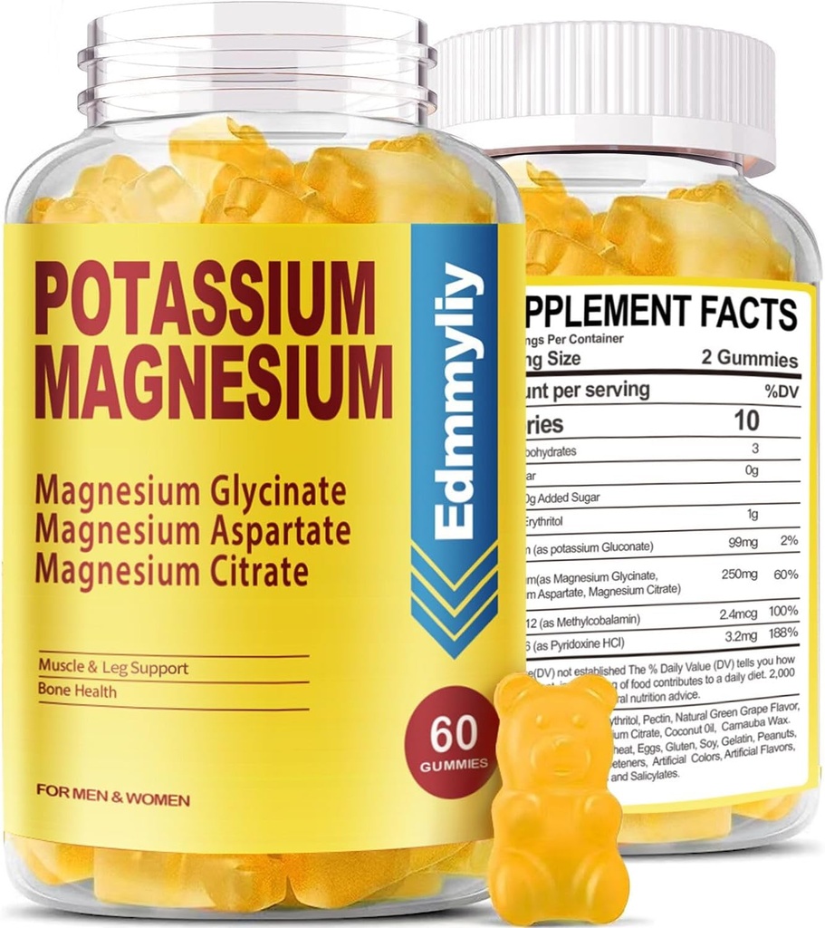 Kalijev magnezijev dodatek Gumiji za odrasle Visoka absorpcija Kalijev glukonat 99mg Magnezijev citrat 250mg z vitaminom B6 B12 Podpira Mood, Energija, Sprostitev mišic, zdravje kosti, sladkor brez
