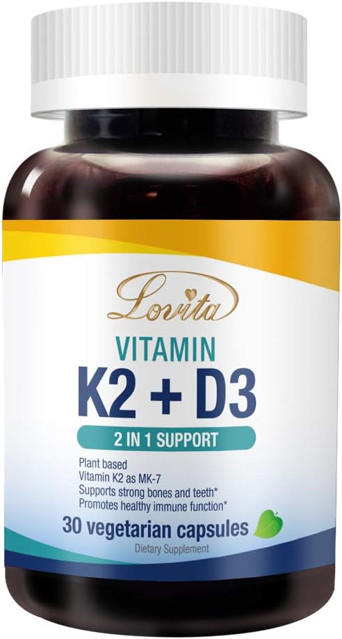 Lovita Vitamin K2 + D3, 400 i.e. Vegan Vitamin D3 & 120 μg Vitamin K2 (MK-7), 2 v 1 formuli, Imunski vitamin kompleks, 30 vegetarijanskih kapsul