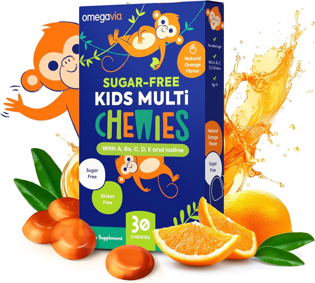 OmegaVia Sugar Free otroci Multivitaminski žvečilni vitamini - dnevno žvečljivi Gummy vitamini za otroke 3+, vitamin A, C, D3, E, B6 & B12, Folat & več, naravna pomarančna aroma, 30 Count